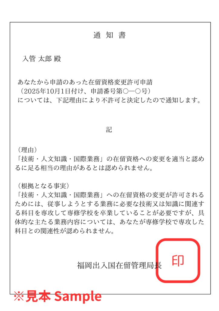 在留資格変更許可申請の不許可通知書のイメージ